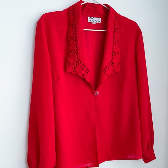 Vintage Paris Red Silky Open Blouse Sheer Plunging Neckline Embroidered Collar S - Picture 5 of 10